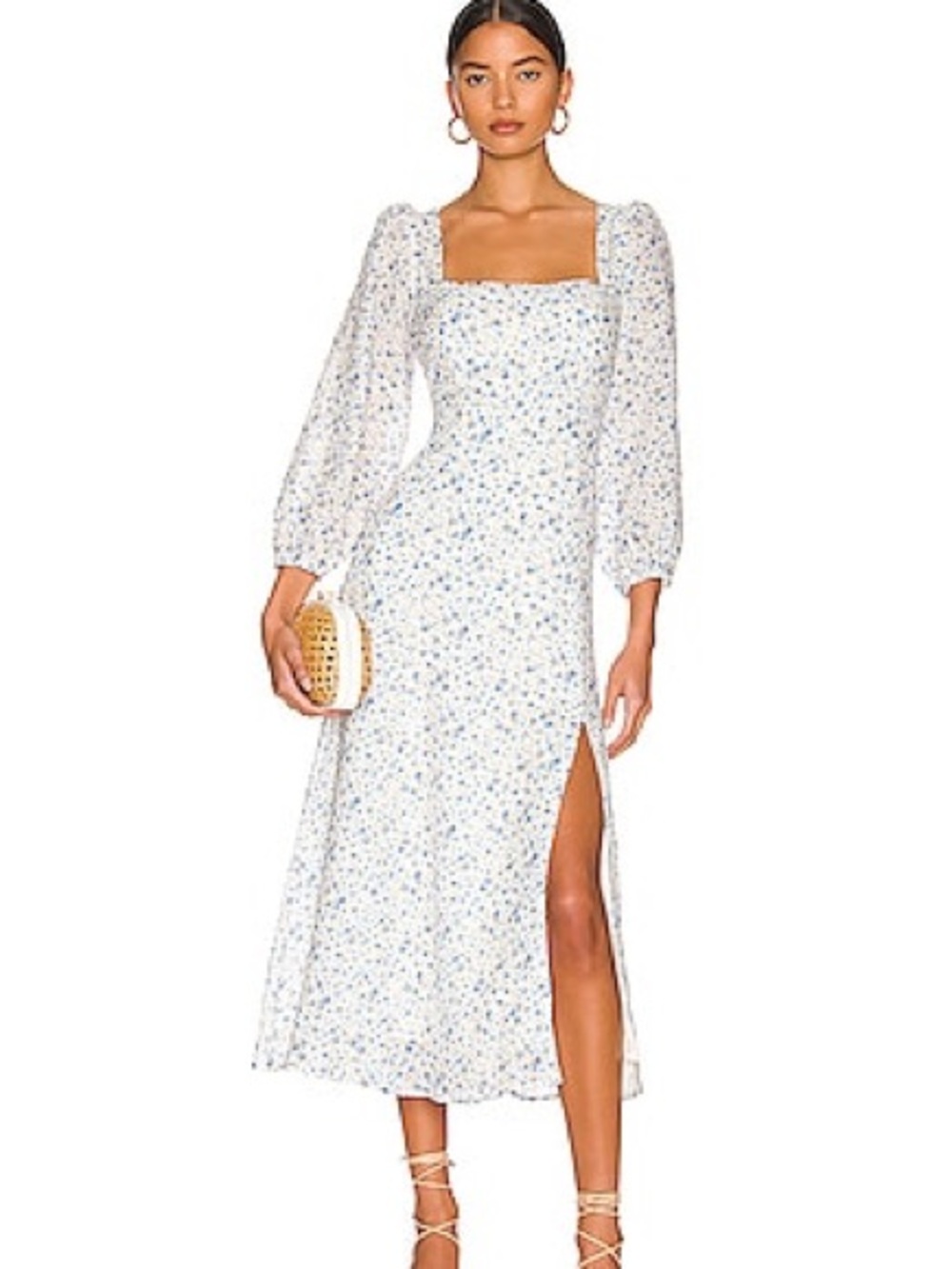 ASTR The Label Blue White Floral Puff Sleeve Midi Dress Linen Blend Size Large